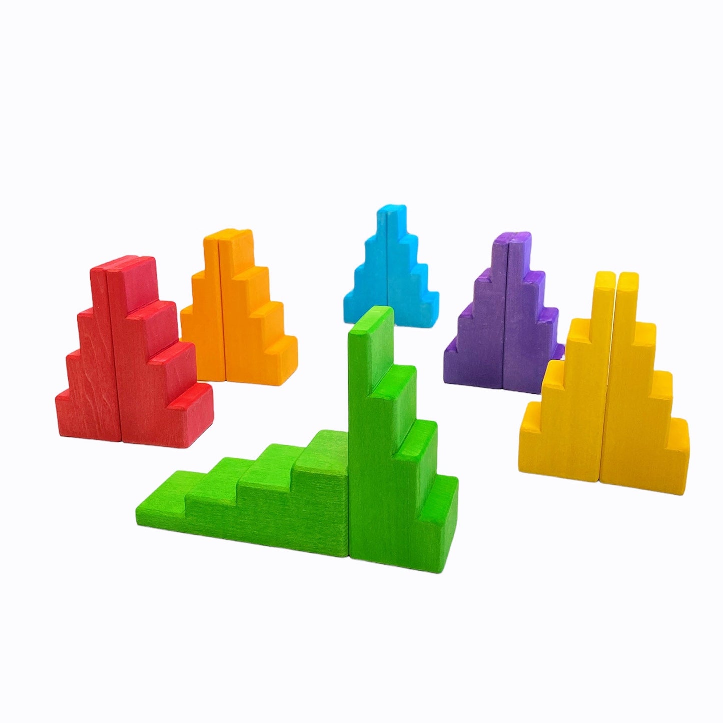12-Piece Stained Stepped Roof Building Block Set — Primary Rainbow Colors