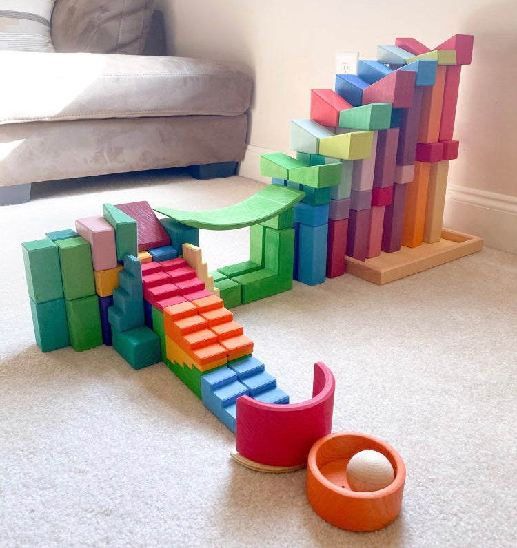 12-Piece Stained Stepped Roof Building Block Set — Primary Rainbow Colors