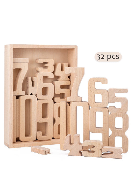 32 Pcs Wooden Math Number Building Blocks Set with Tray