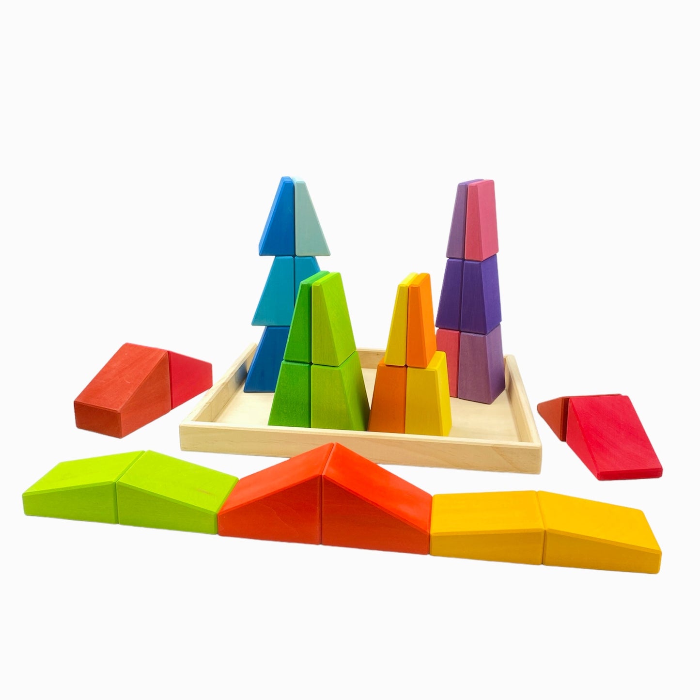 **Pre-order (Ships in 2-3 Weeks)**30 Pcs Stained Wooden Sloping Blocks – Primary Rainbow Colors with Storage Tray