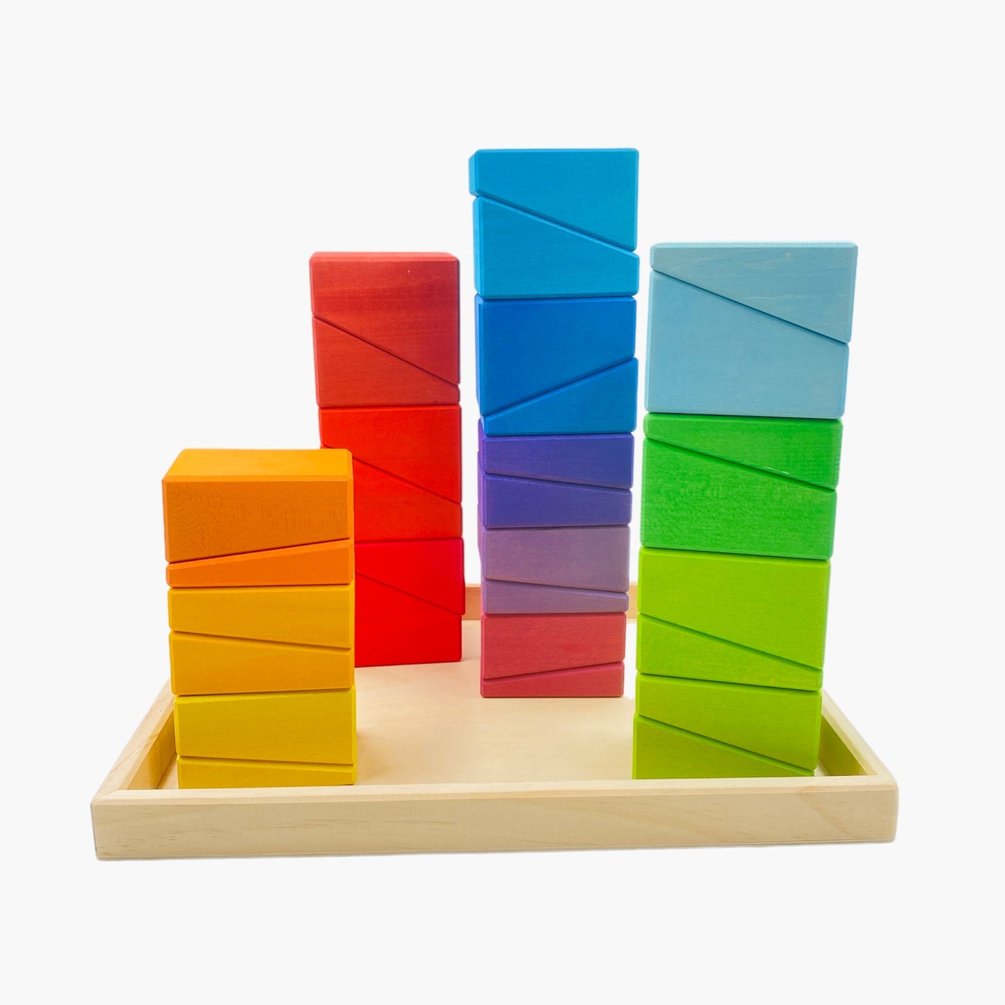 **Pre-order (Ships in 2-3 Weeks)**30 Pcs Stained Wooden Sloping Blocks – Primary Rainbow Colors with Storage Tray