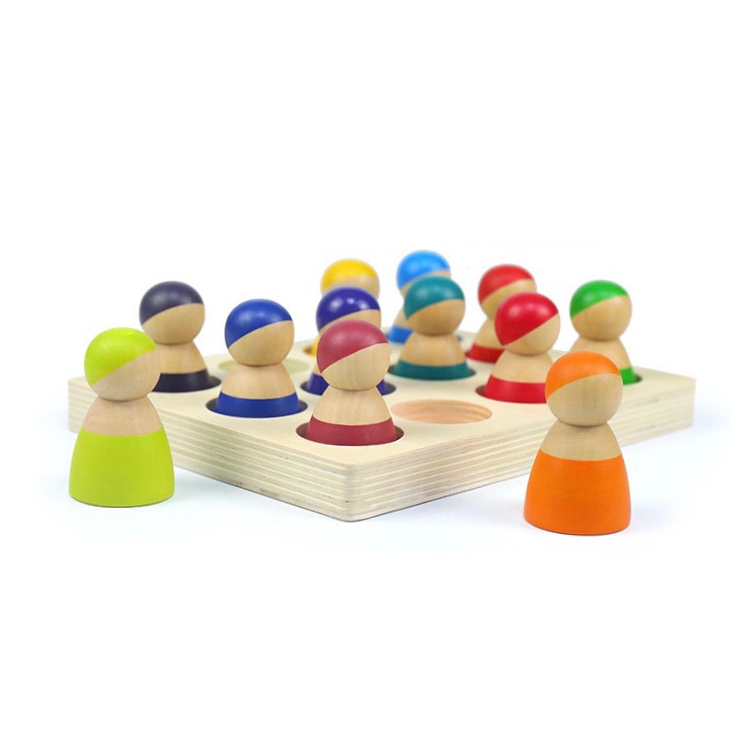 12-Piece Rainbow Peg Doll People with Sorting Tray – Primary Colors