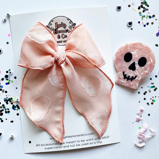 Hand Dyed Peachy Pink Sheer Skeleton Elle Bow