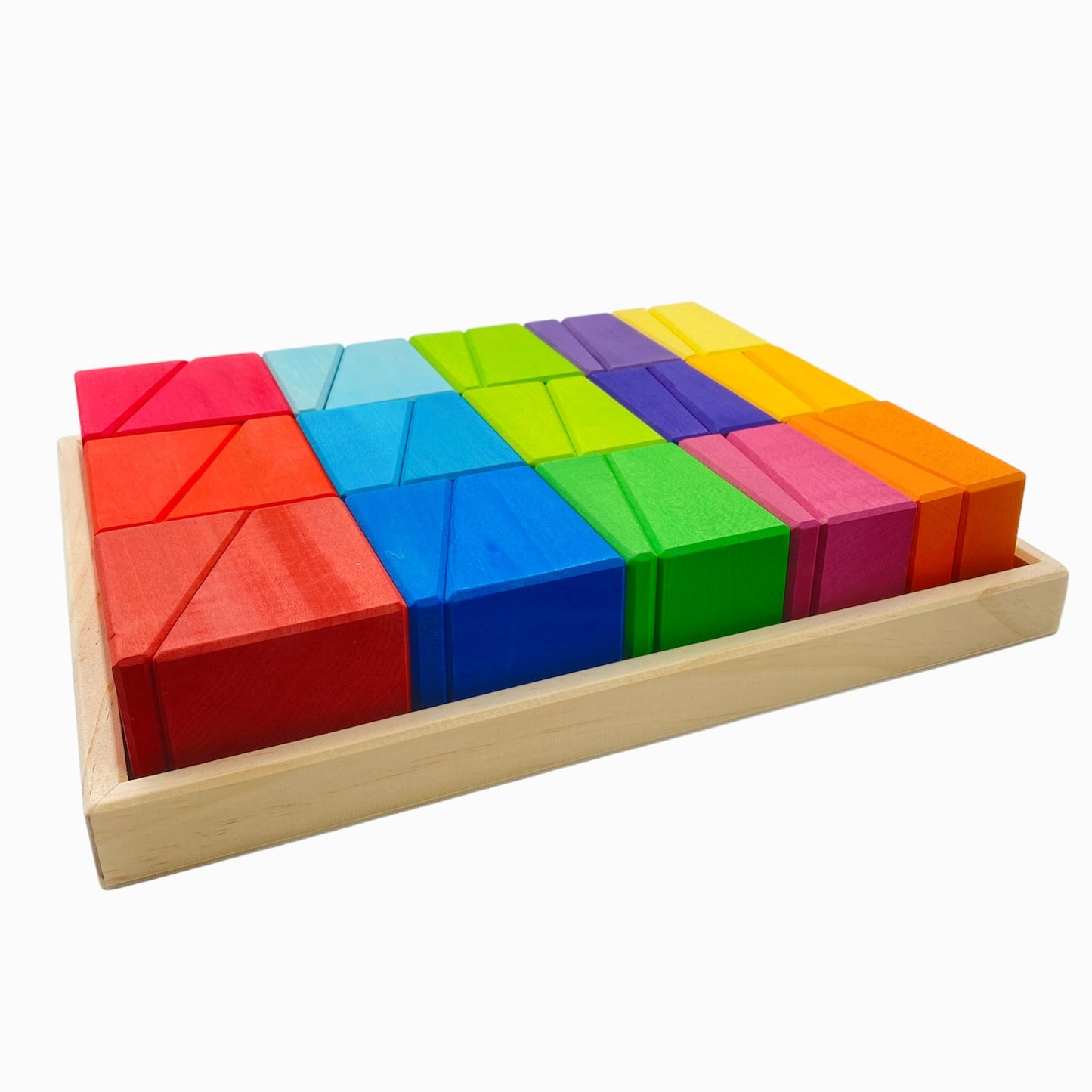 **Pre-order (Ships in 2-3 Weeks)**30 Pcs Stained Wooden Sloping Blocks – Primary Rainbow Colors with Storage Tray
