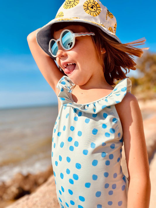 Recycled Polyester Sea Foam Dotted Ruffle Kid Swimsuit - Sea Foam/della Blue