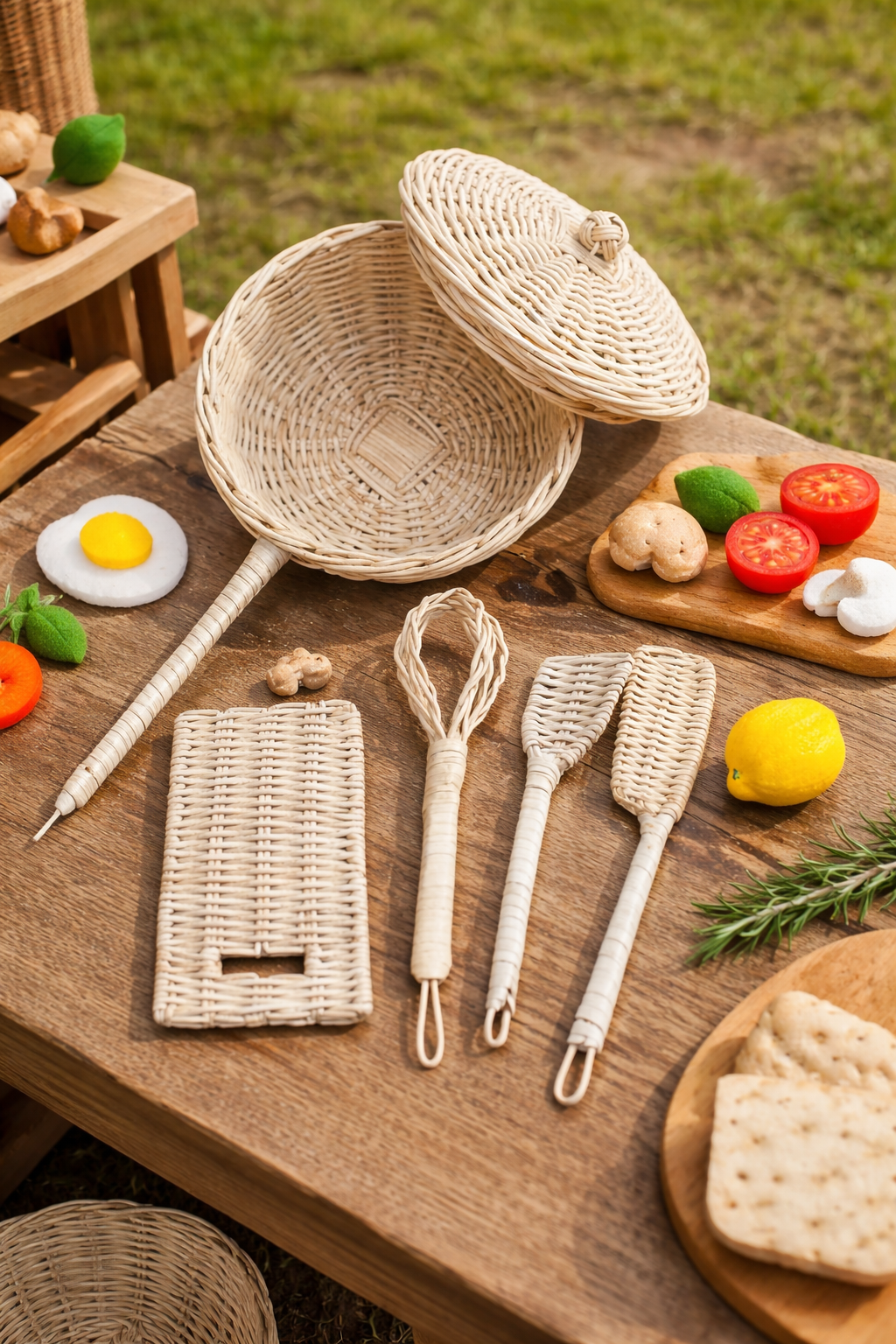 Handmade Rattan Play Kitchen Utensils - Montessori Pretend Play Cooking Set