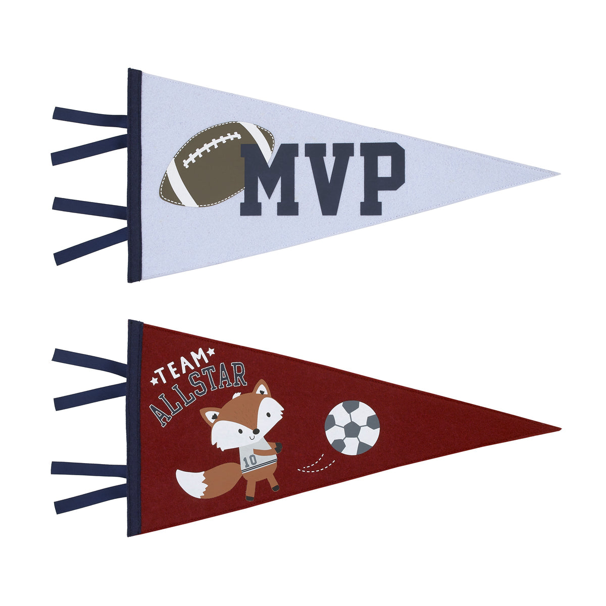 Team All Star Grey, Burgundy, Light Blue and Navy Fox and Football MVP Sporty 2 Pack Felt Pennants Wall Decor