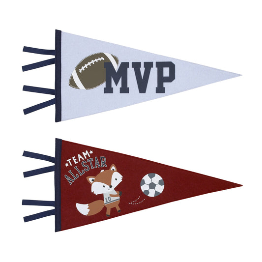 Team All Star Grey, Burgundy, Light Blue and Navy Fox and Football MVP Sporty 2 Pack Felt Pennants Wall Decor