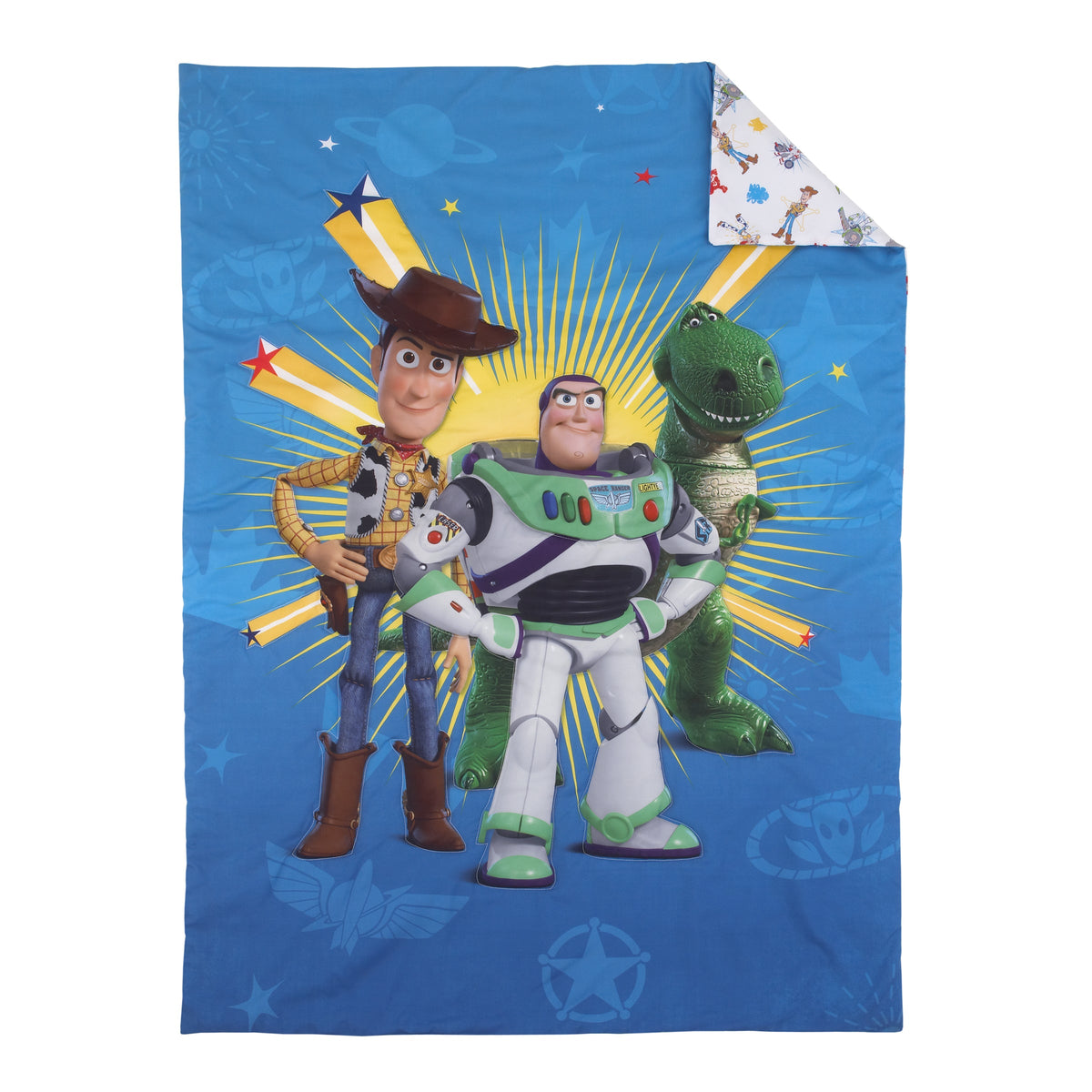 Disney Toy Story 4 - Blue, Green, Yellow Toys in Action 4 Piece Toddler Bed Set - Comforter, Flat Top Sheet, Fitted Bottom Sheet, Reversible Pillowcase