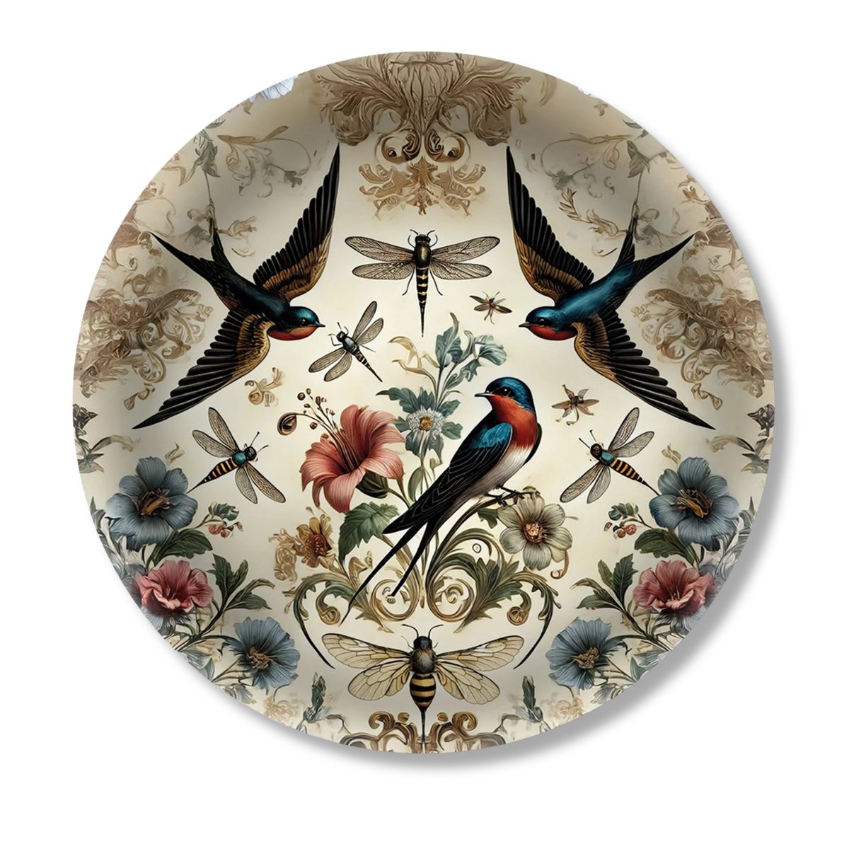Birds and Bees Birchwood Decorative Tray - Round - Large