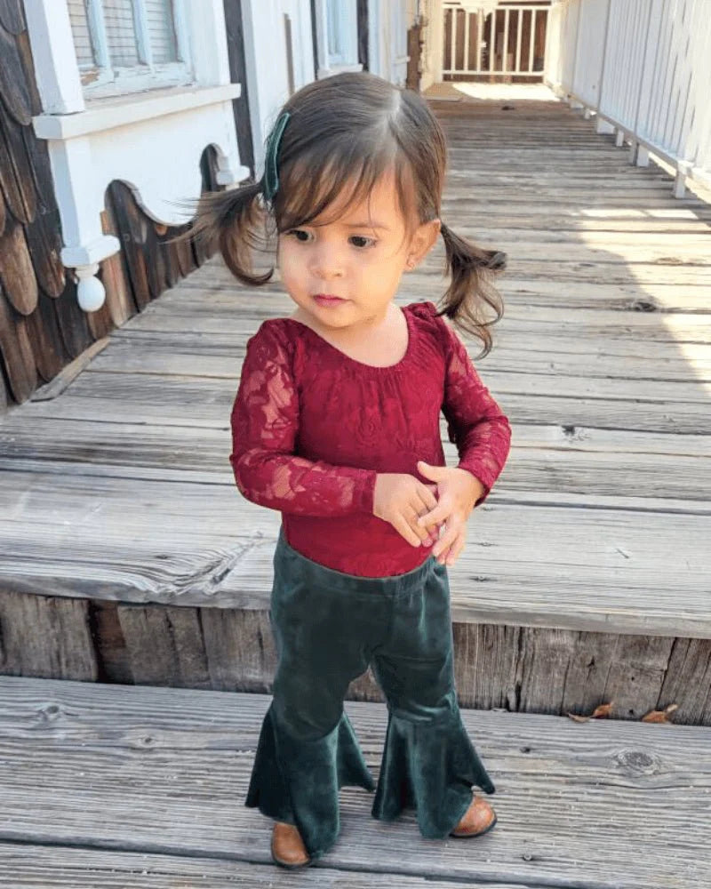 Lina Pleated Velour Bell Bottoms - Hunter