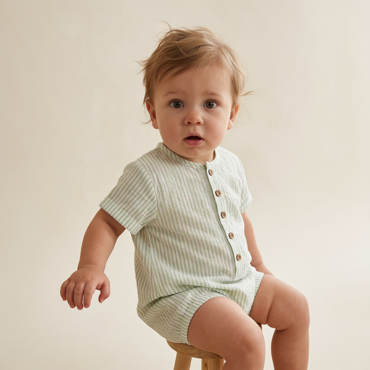 Organic Short Bubble Romper - Basil Stripes
