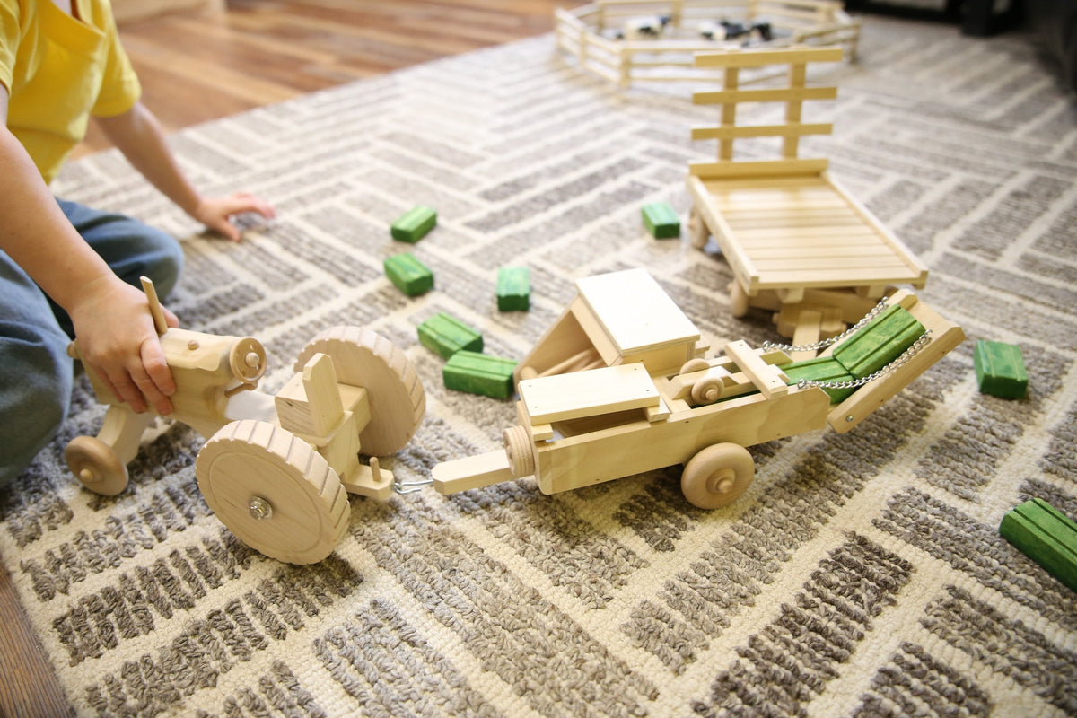 Little Farmer Hay Baling Toy Set - Wooden Toy Tractor, Hay Baler, Hay Wagon and 16 Hay Bales