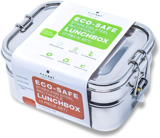 Ecozoi Stainless Steel Bento Lunch Box for Kids and Adults, 3 Compartment, Solid Print, 2 Tier Leak Proof, 60 oz