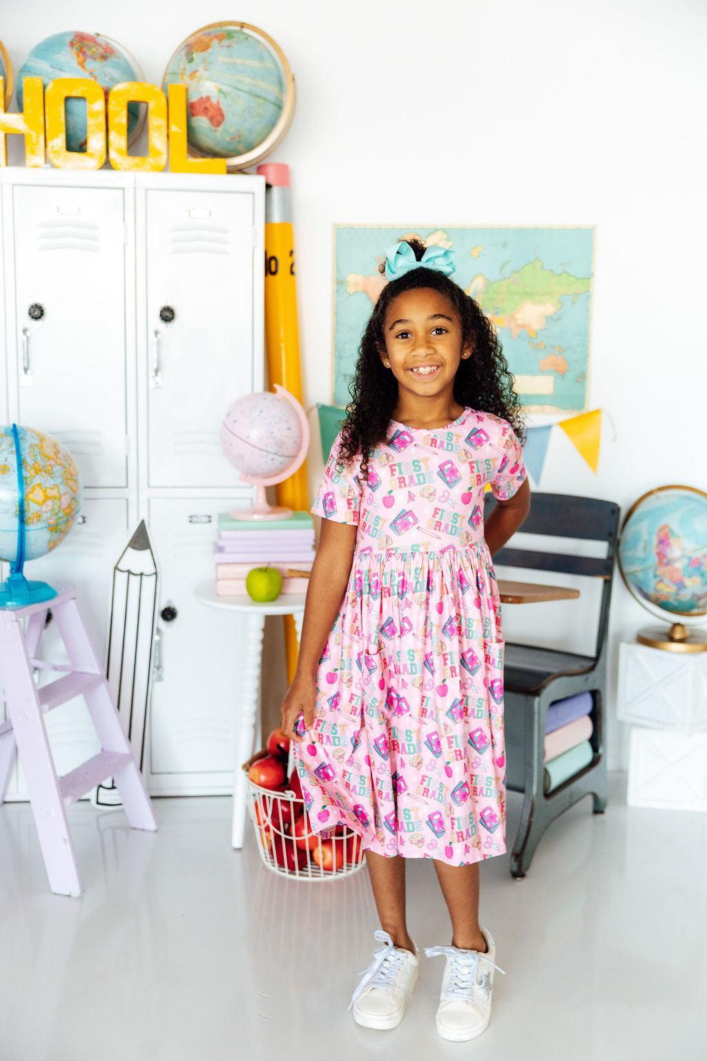 1st First Grade Short Sleeve Pocket Twirl School Dress