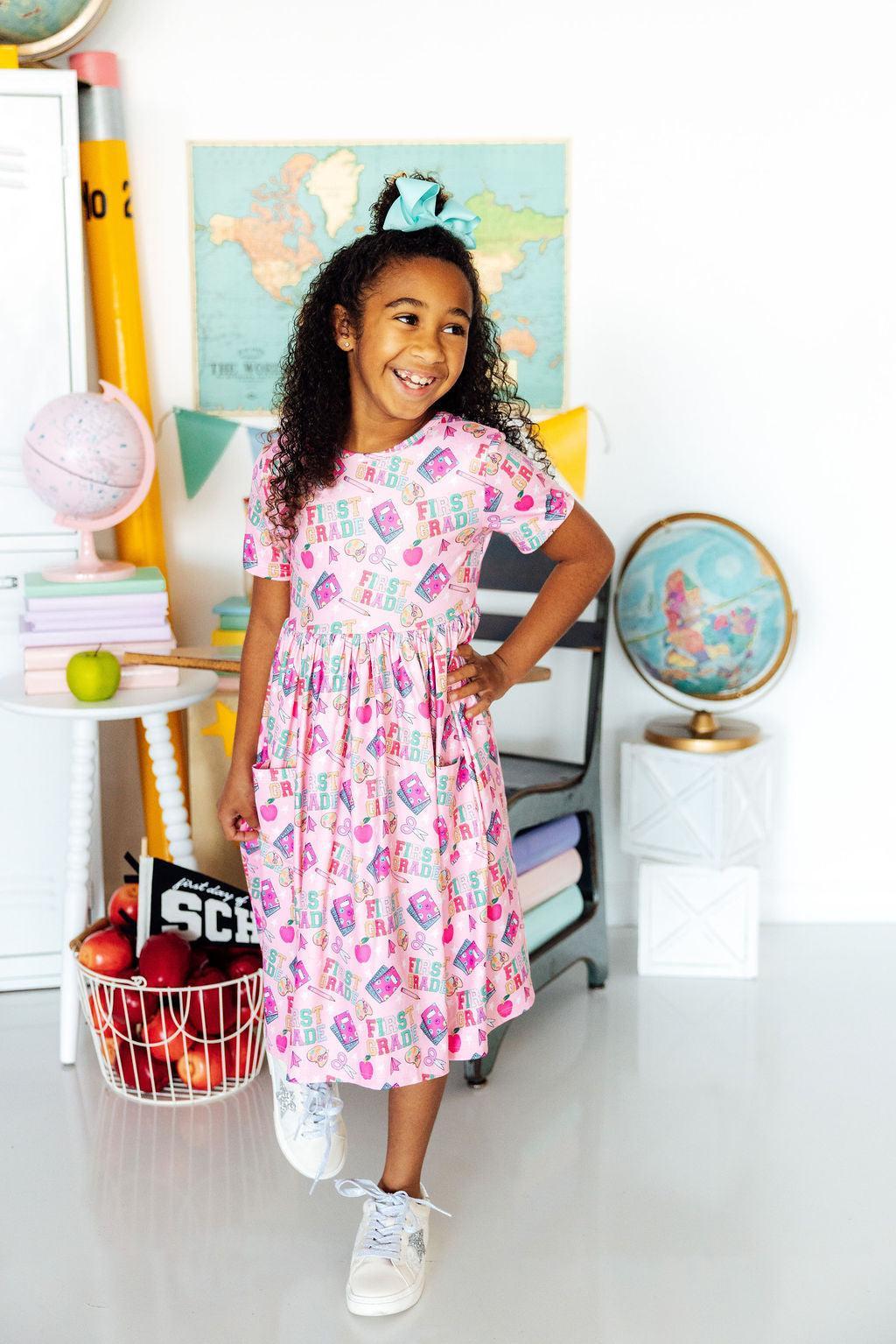1st First Grade Short Sleeve Pocket Twirl School Dress