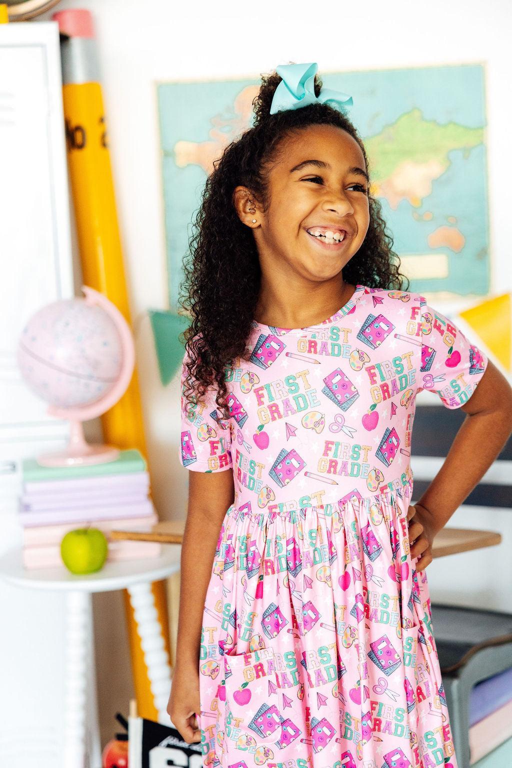 1st First Grade Short Sleeve Pocket Twirl School Dress