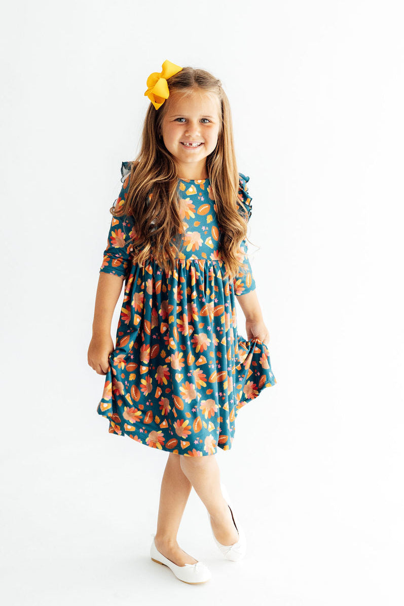 Gobble til You Wobble 3/4 Sleeve Ruffle Twirl Dress