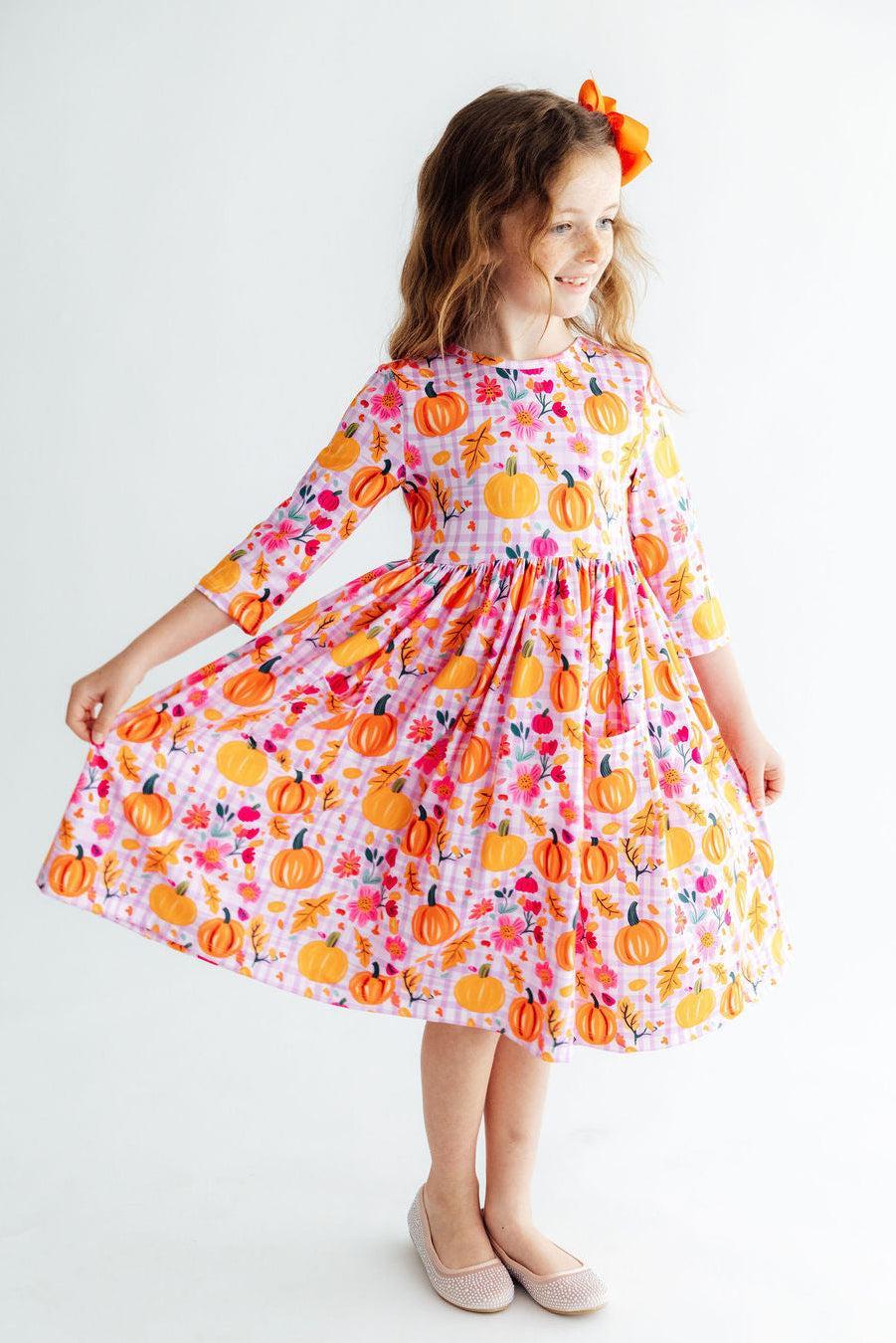 Pumpkin Party 3/4 Sleeve Pocket Twirl Dress