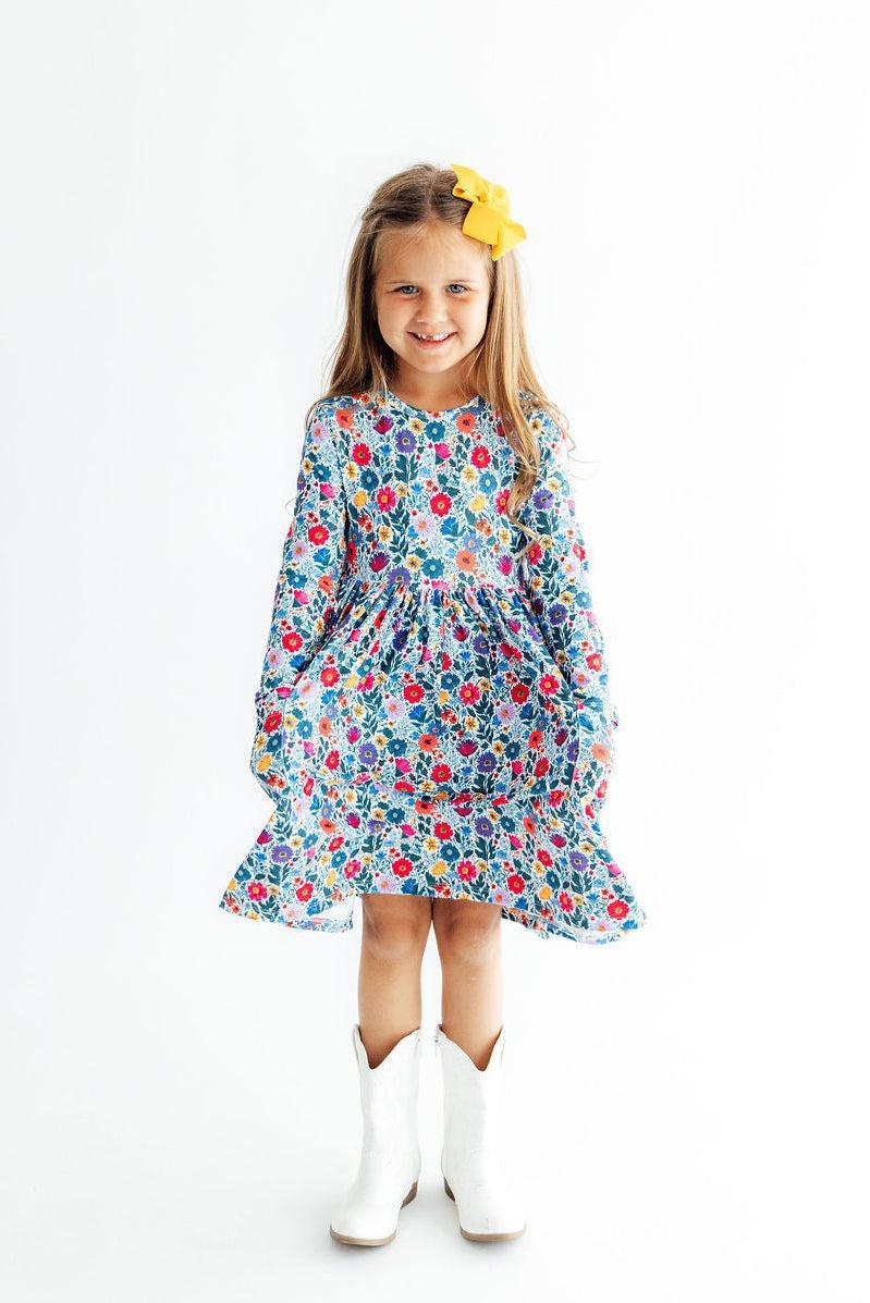 Vintage Floral Long Sleeved Pocket Twirl Dress