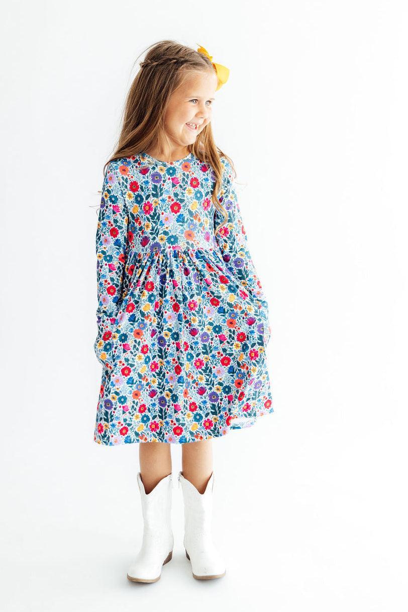 Vintage Floral Long Sleeved Pocket Twirl Dress