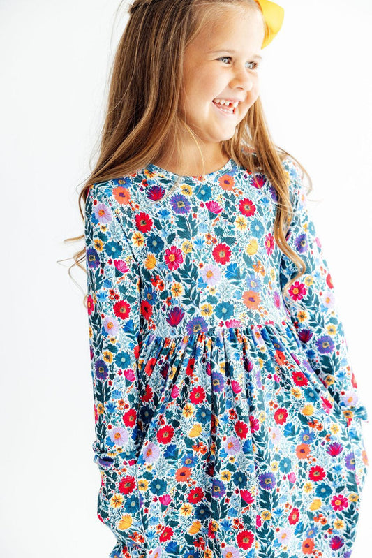 Vintage Floral Long Sleeved Pocket Twirl Dress