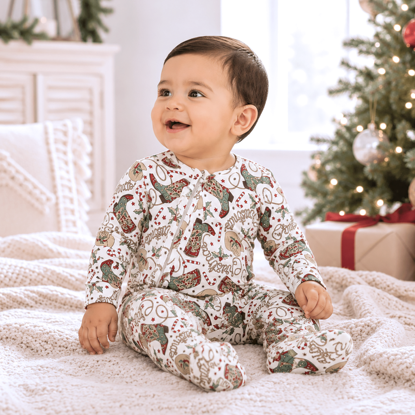 Western Christmas Baby Bamboo Zipper Romper - Cowboy Holiday