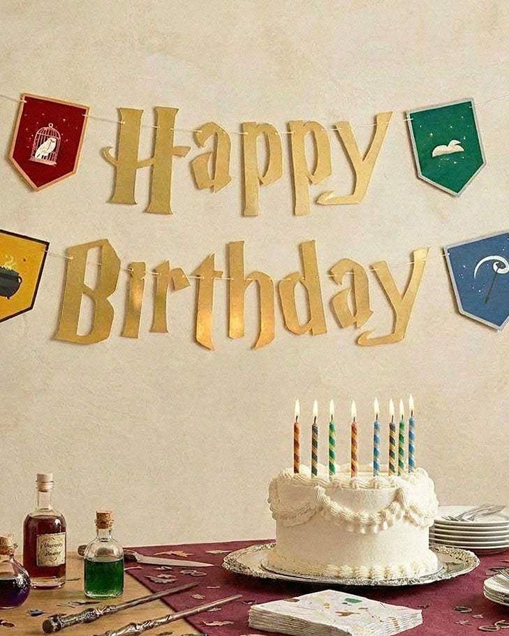 Wizard Birthday Banner - gold foil + colored pendants