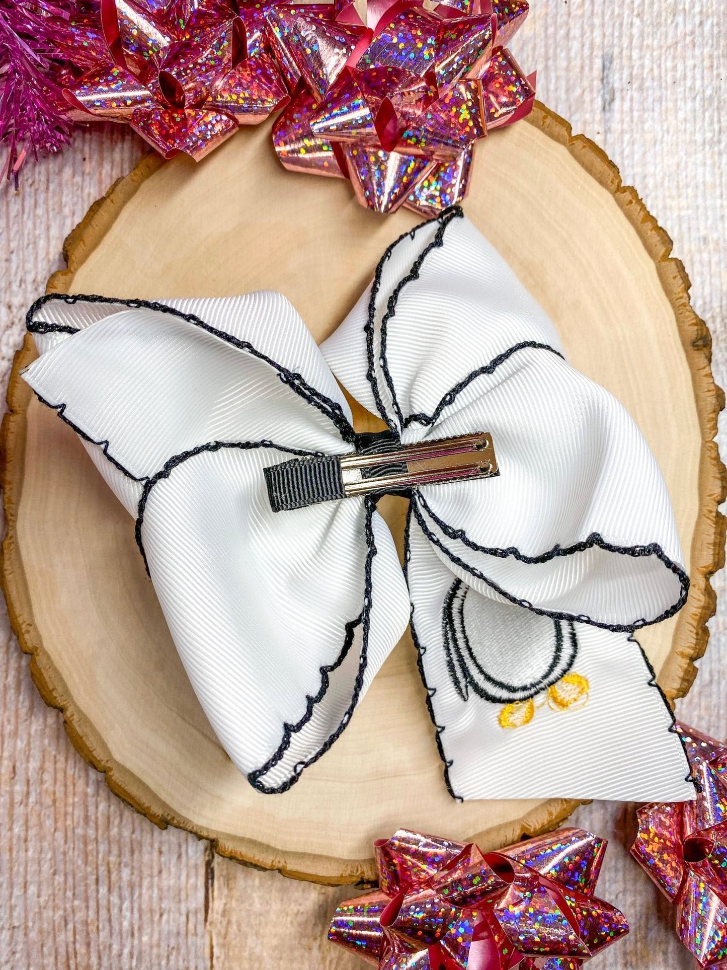 Penguin Embroidered with Black Moonstitch Hair Bow