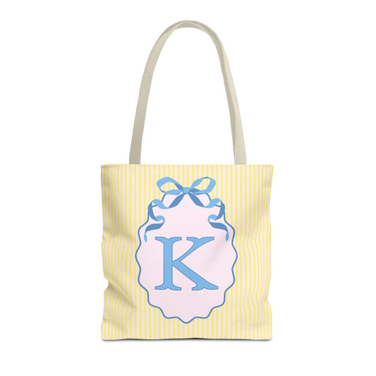 Peppy Initial Tote Bag with Initial and Cute Bow, Boho Hydrangea Flowers: K