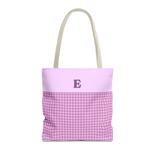Personalized Initial Tote Bag, Cute Purple Gingham Tote Bag with Initial, Gift for Sister, Matching Wedding or Bachelorette Party Gift: E