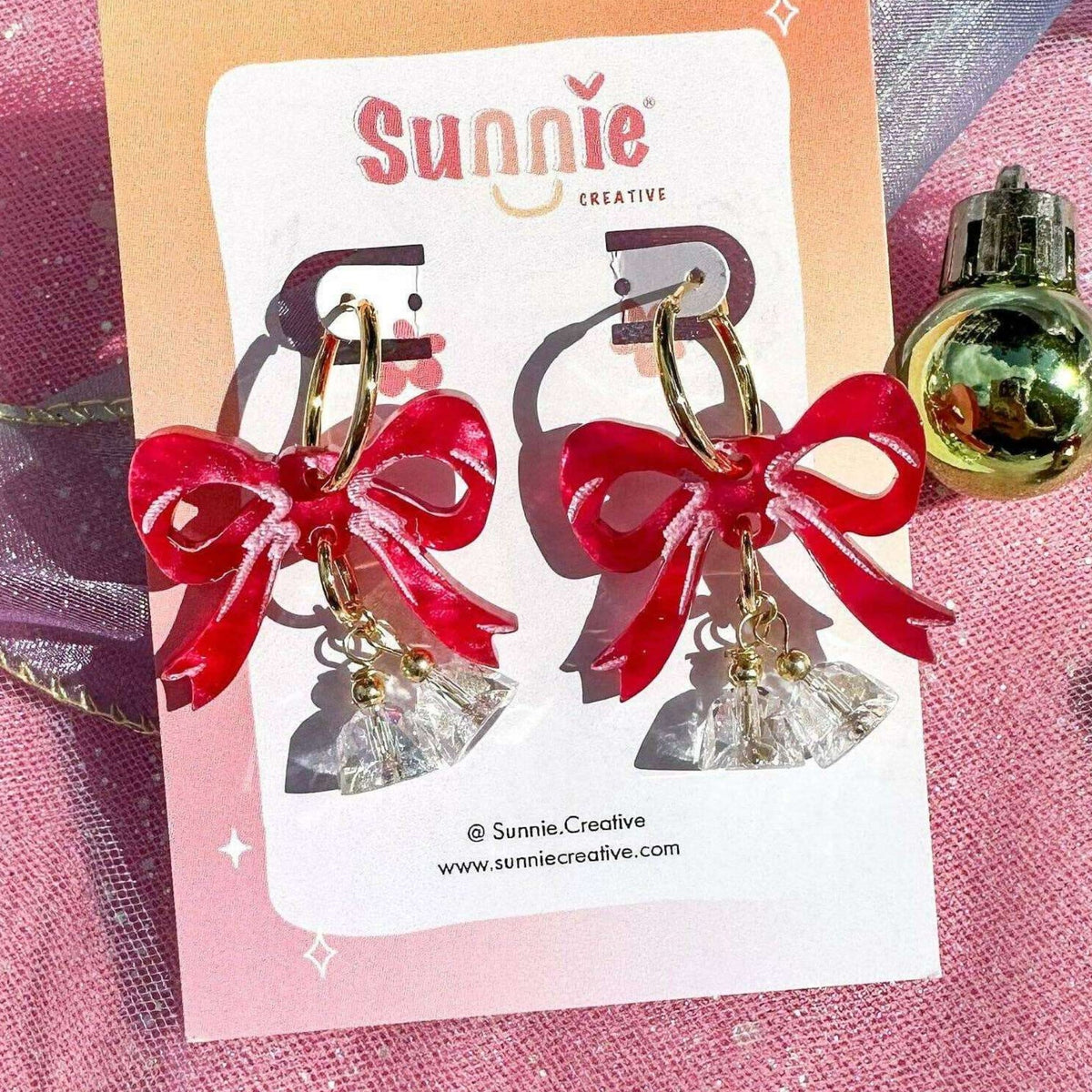 Pink Bow Jingle Bell Acrylic Christmas Earrings