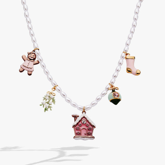 Pink Christmas Beaded Charm Necklace
