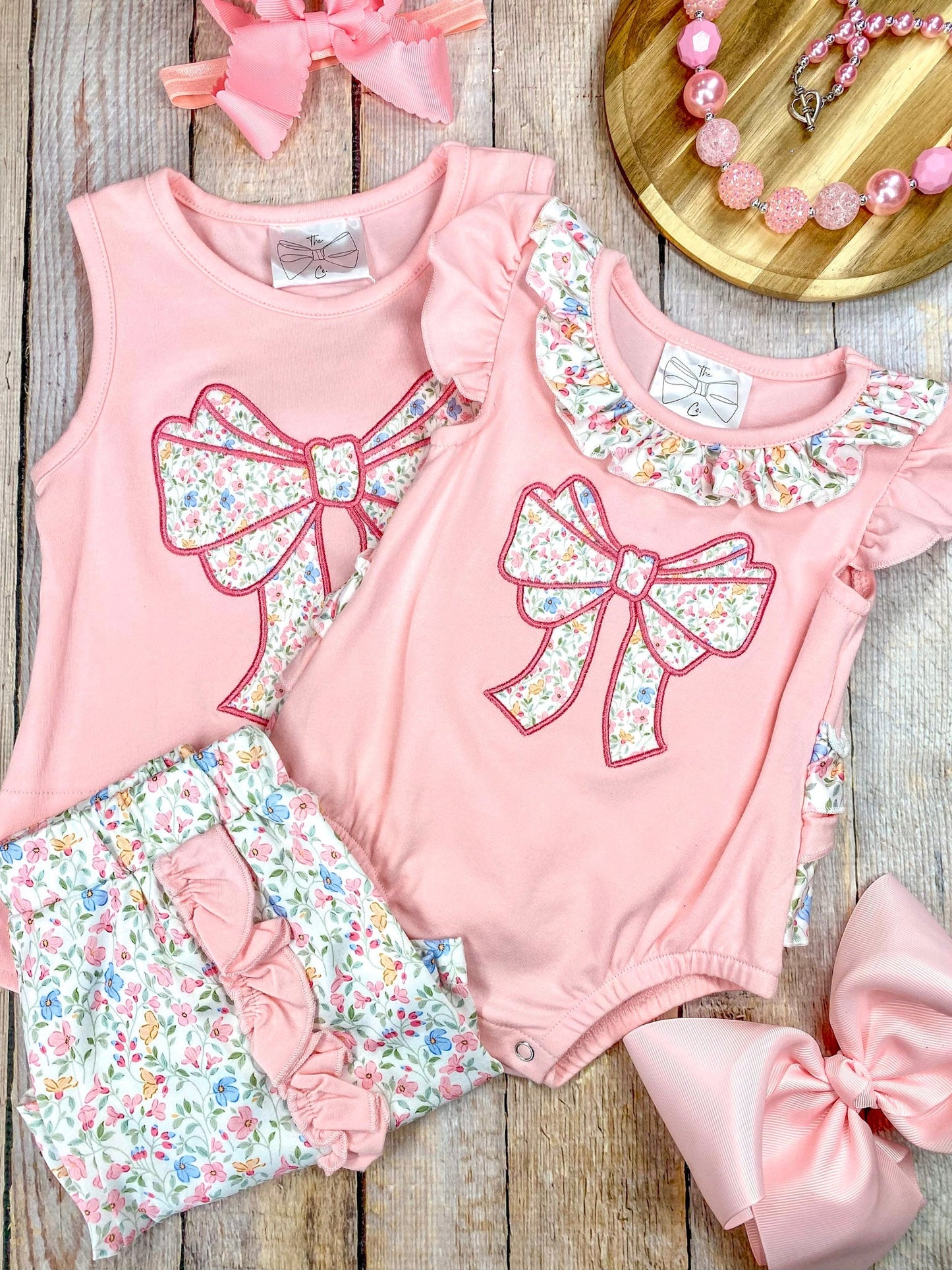 Pink Floral Bow Applique Shorts Set | Girls Ruffle Summer Outfit