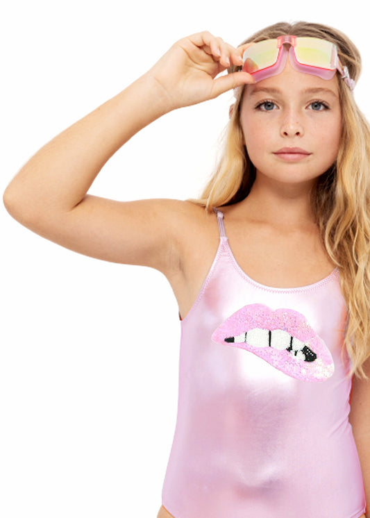 Metallic Pink Swimsuit with Sequin Lip
