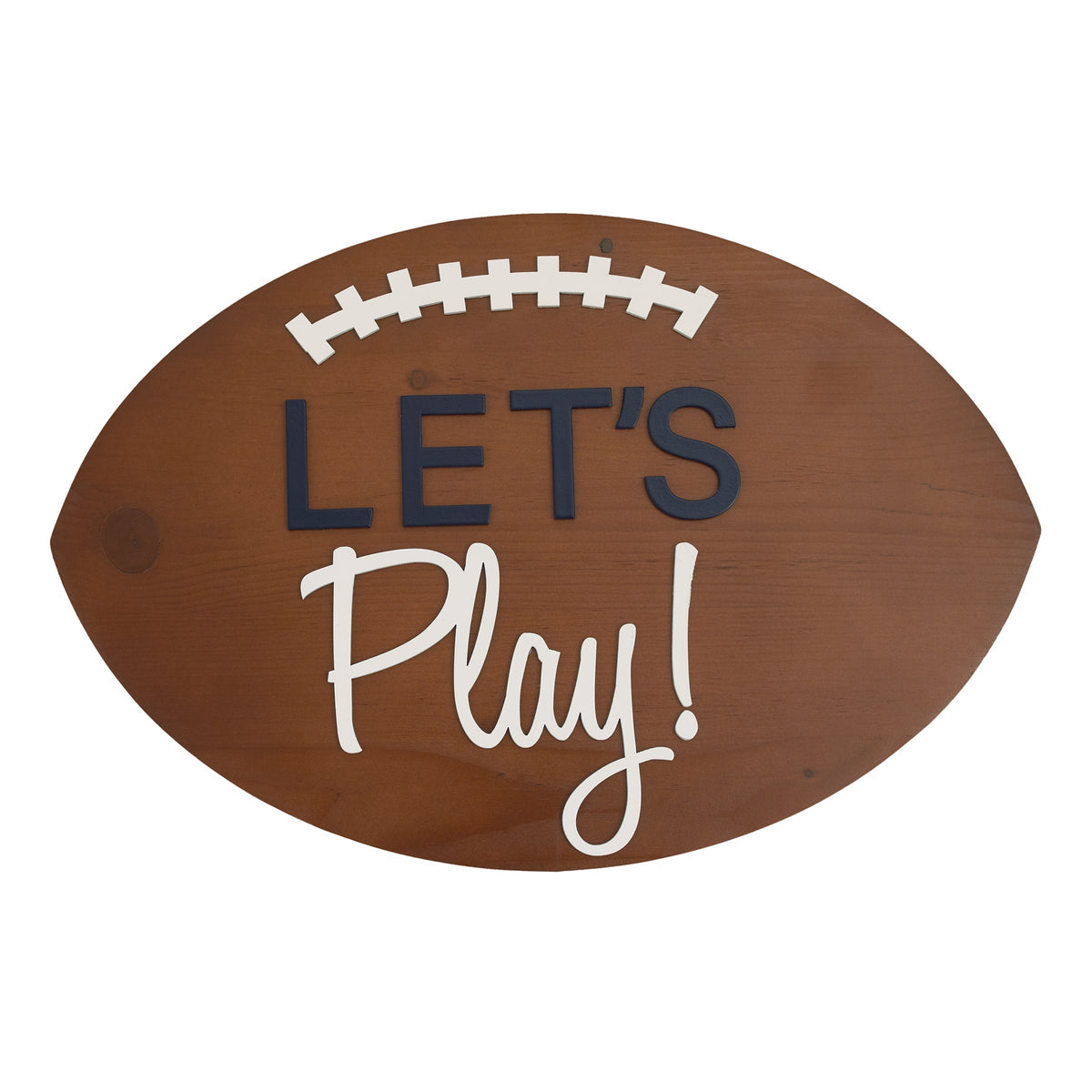 Football Shaped Let's Play Brown and White Wood Wall Decor