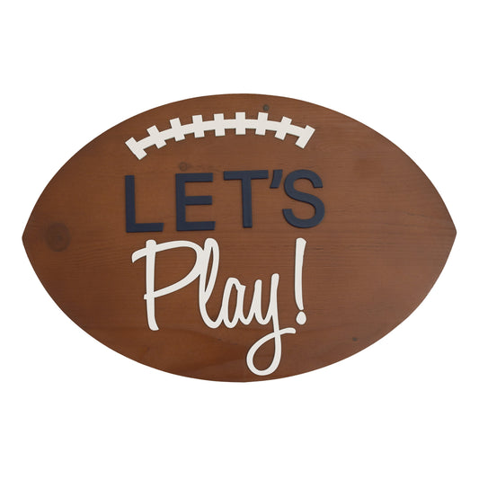 Football Shaped Let's Play Brown and White Wood Wall Decor