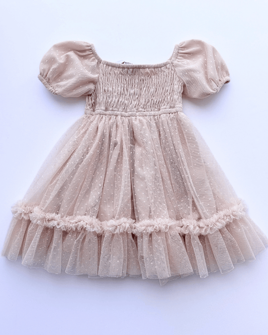 Smocked Dots Tulle Dress - Champagne