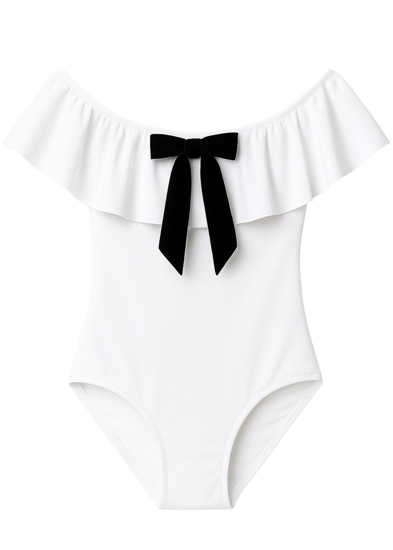 White Ruffle Swimsuit with Black Bow