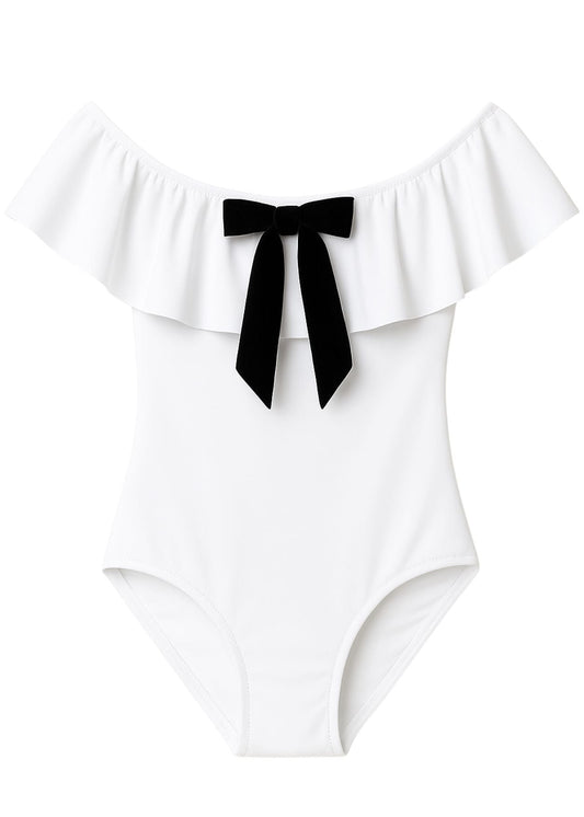 White Ruffle Swimsuit with Black Bow