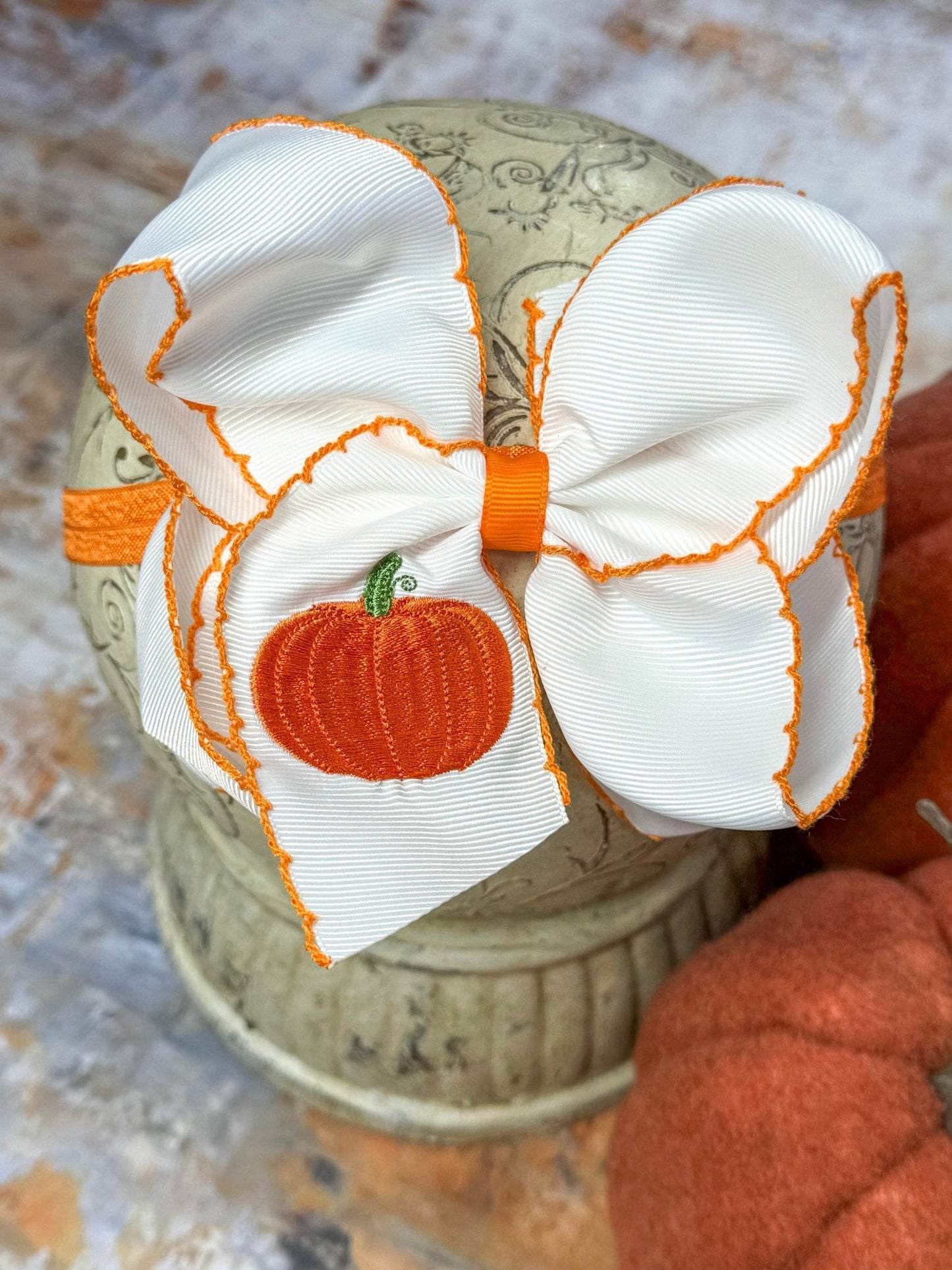 Pumpkin Embroidered Moonstitch Hair Bow | Clip or Headband