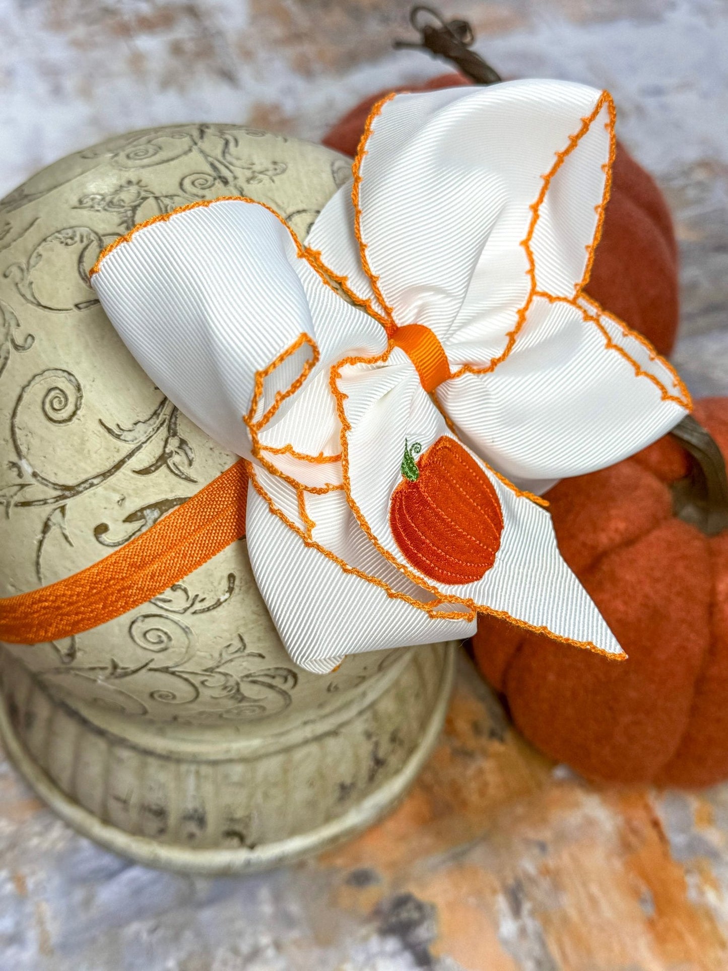 Pumpkin Embroidered Moonstitch Hair Bow | Clip or Headband