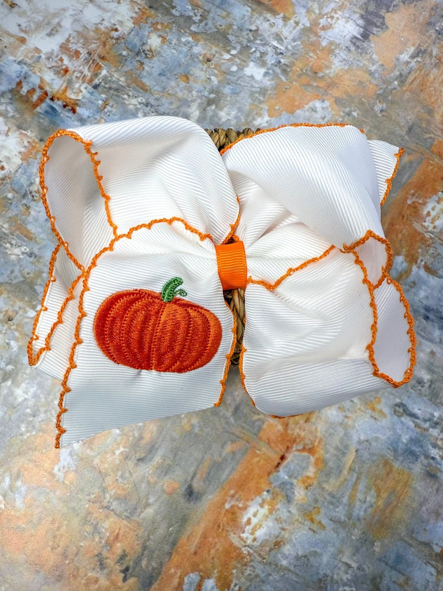 Pumpkin Embroidered Moonstitch Hair Bow | Clip or Headband