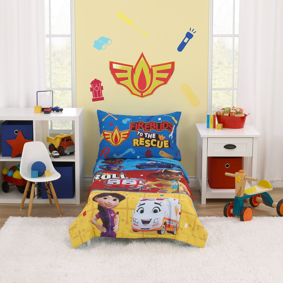 Firebuds Let's Roll Red, Blue, and Yellow First Responders 4 Piece Toddler Bed Set - Comforter, Fitted Bottom Sheet, Flat Top Sheet, and Reversible Pillowcase