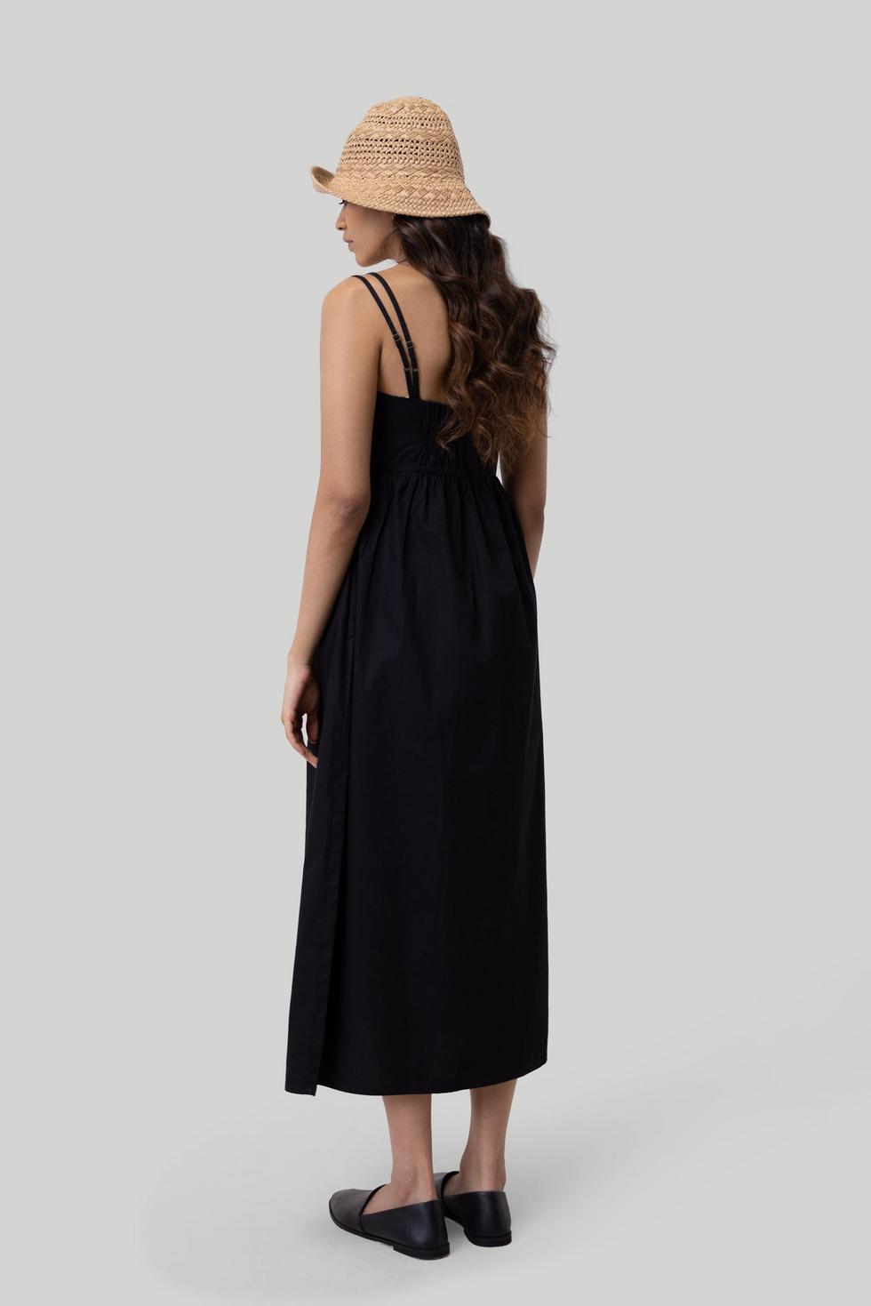 Strappy Gathered Midi Dress - Black