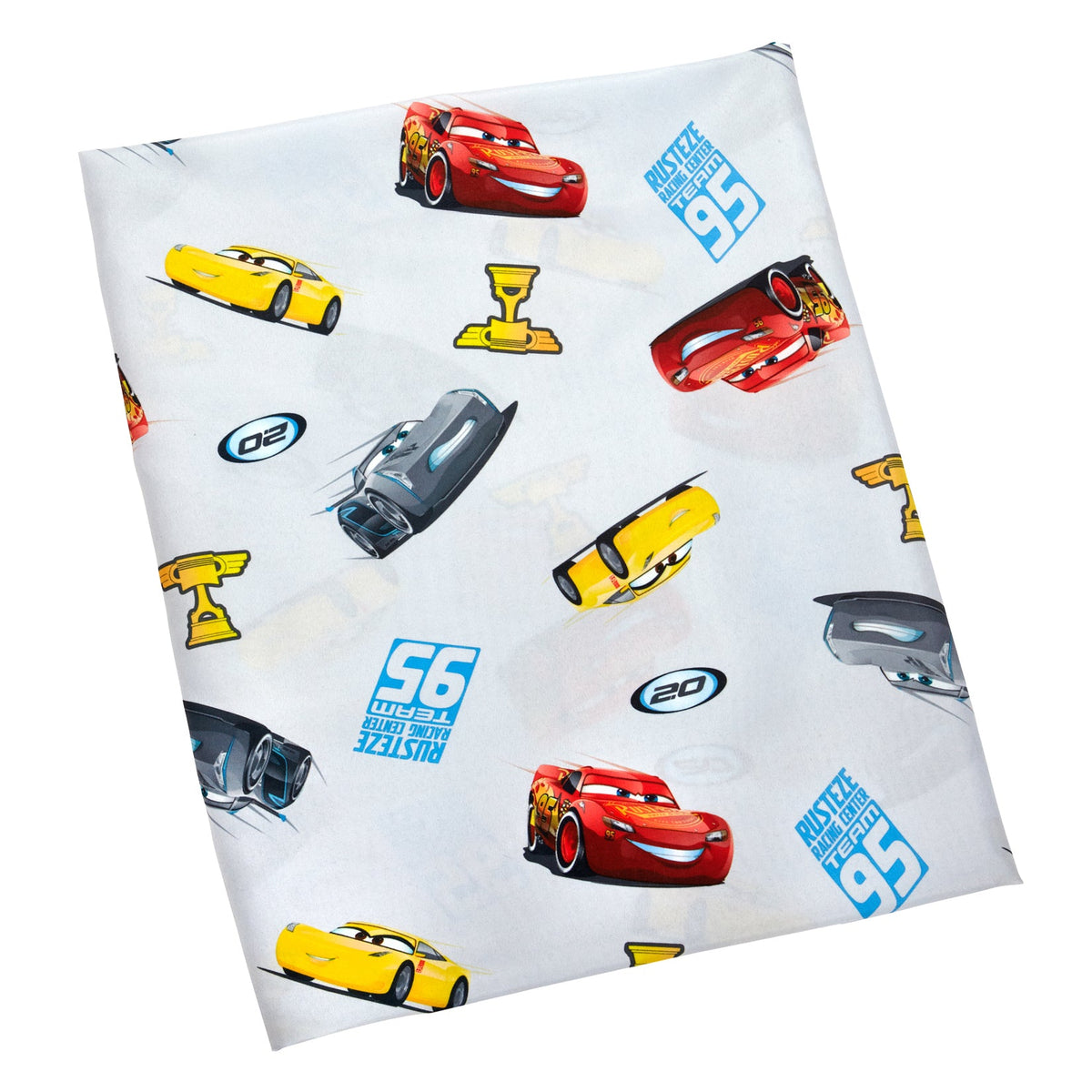 Disney Cars Rusteze Racing Team Blue, Red , and Yellow Amigo Cruz Ramirez and Jackson Storm 4 Piece Toddler Bed Set - Comforter, Fitted Bottom Sheet, Flat Top Sheet, and Reversible Pillowcase
