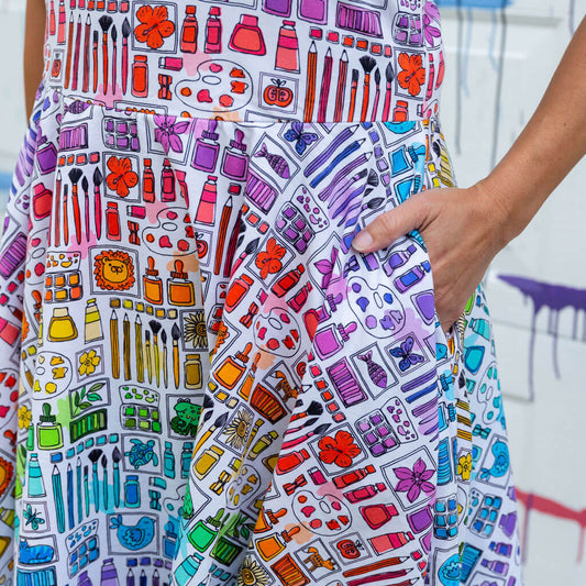 Adult "Smarty Paints" Rainbow Art Supplies Super Twirler Dress with Pockets