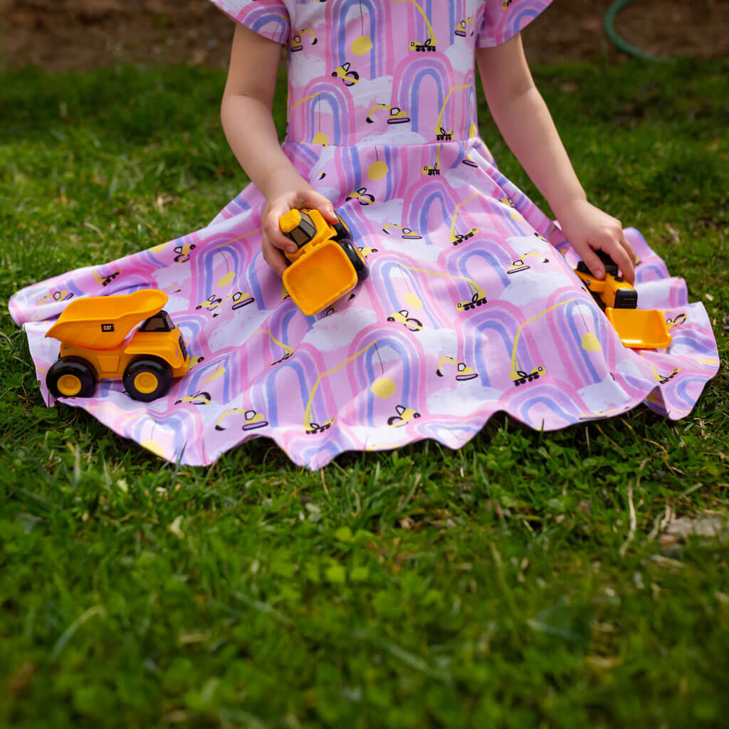 "Rainbow Roadwork" Construction Trucks Super Twirler Dress with Pockets