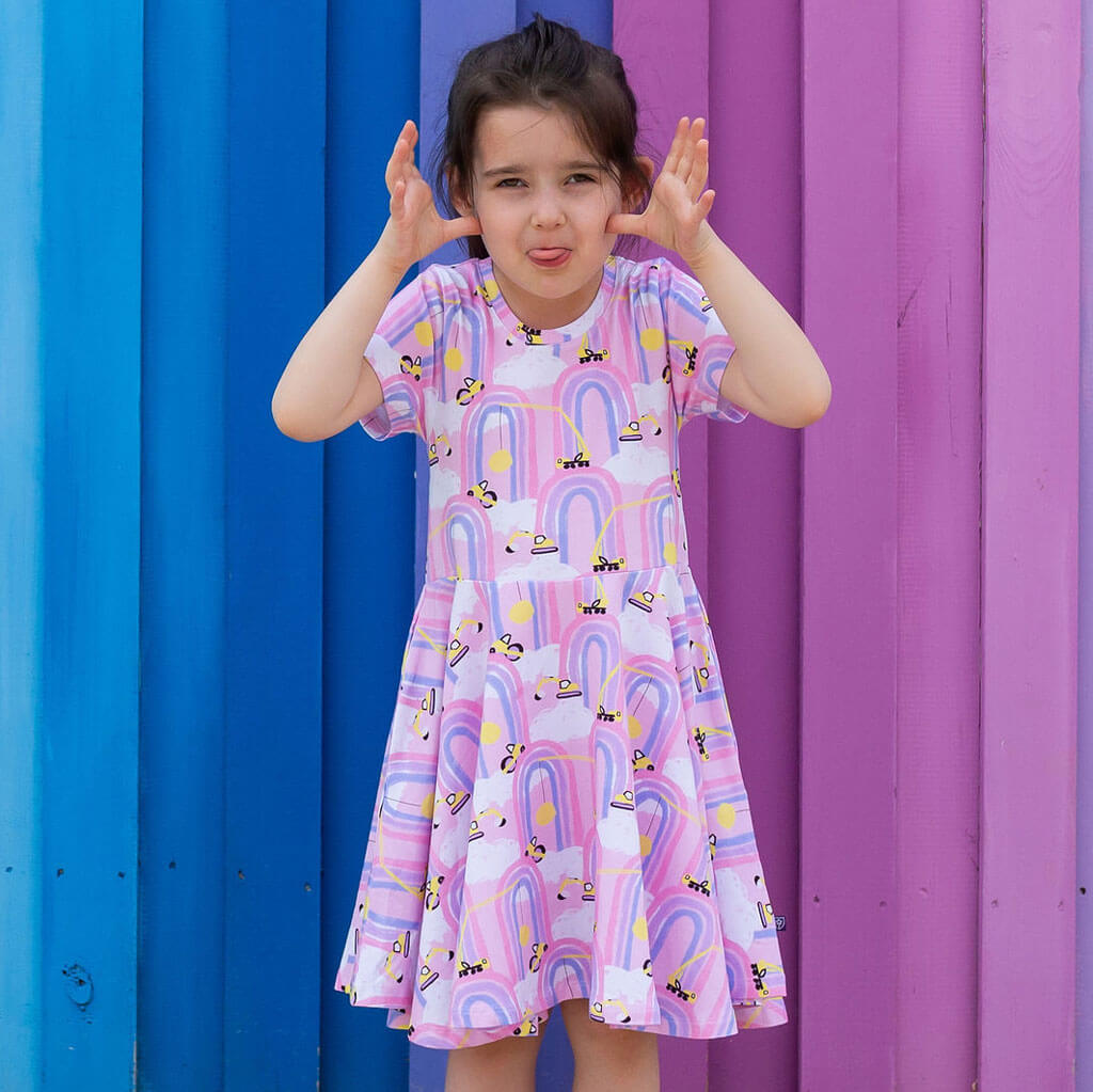 "Rainbow Roadwork" Construction Trucks Super Twirler Dress with Pockets