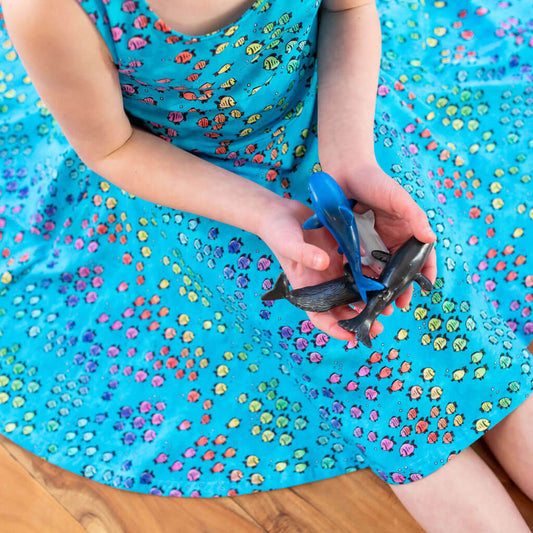 "Summer School" Rainbows of Fish Sleeveless Play Dress with Pockets